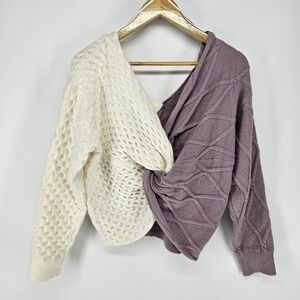 Debut‎ Sweater Womens M/L Purple Cream Two Tone Twist Front Cable Knit Pullover